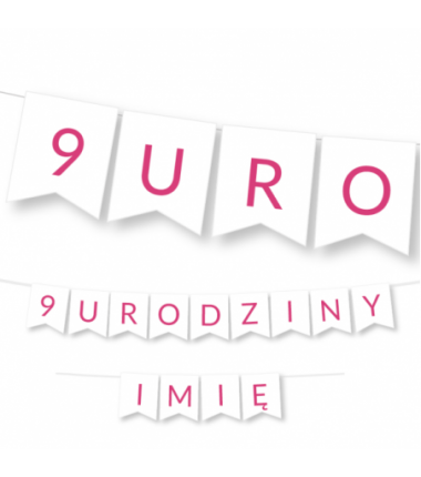 Girlanda na URODZINY 1,2,3,4,5,6,7,8,9 + IMIĘ różowe litery