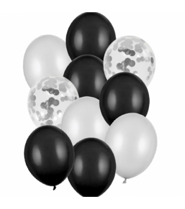 Balony mix czarne srebrne - 10 sztuk