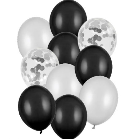 Balony mix czarne srebrne - 10 sztuk