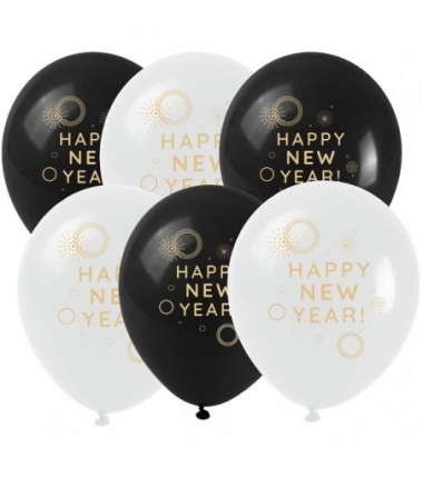 Balony ze złotym nadrukiem Happy New Year (6 szt.)