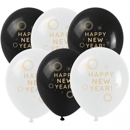 Balony ze złotym nadrukiem Happy New Year (6 szt.)