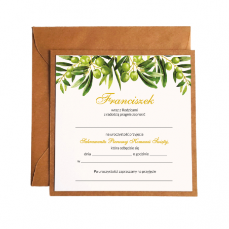 Zaproszenie na KOMUNIĘ ŚWIĘTĄ eco PERSONALIZACJA - oliwki - 1 sztuka