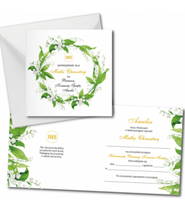 Zaproszenie na KOMUNIĘ ŚWIĘTĄ dla MATKI CHRZESTNEJ + IMIĘ dziecka - konwalia PERSONALIZOWANE