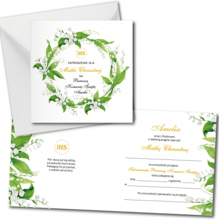 Zaproszenie na KOMUNIĘ ŚWIĘTĄ dla MATKI CHRZESTNEJ + IMIĘ dziecka - konwalia PERSONALIZOWANE