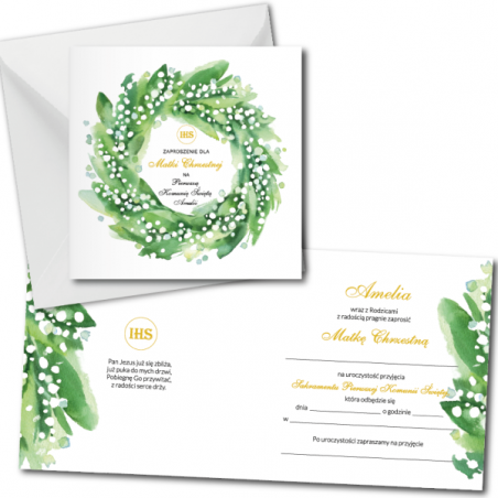 Zaproszenie na KOMUNIĘ ŚWIĘTĄ dla MATKI CHRZESTNEJ + IMIĘ dziecka - konwalia malowana PERSONALIZOWANE