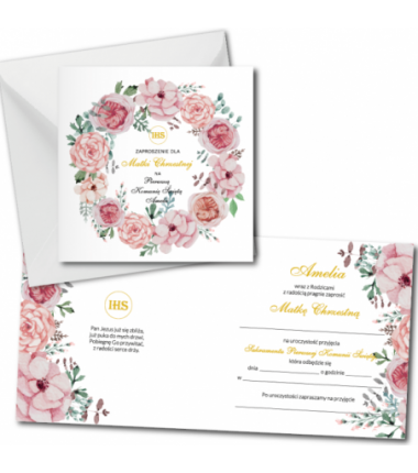 Zaproszenie na KOMUNIĘ ŚWIĘTĄ dla MATKI CHRZESTNEJ + IMIĘ dziecka - kwiaty różowe PERSONALIZOWANE