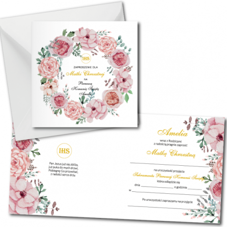 Zaproszenie na KOMUNIĘ ŚWIĘTĄ dla MATKI CHRZESTNEJ + IMIĘ dziecka - kwiaty różowe PERSONALIZOWANE