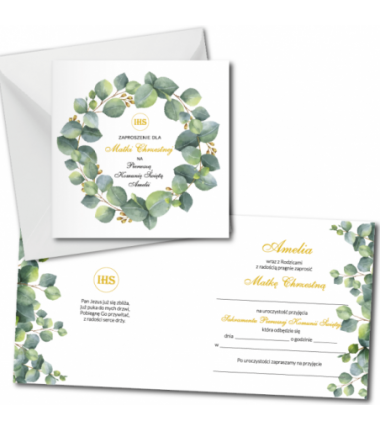 Zaproszenie na KOMUNIĘ ŚWIĘTĄ dla MATKI CHRZESTNEJ + IMIĘ dziecka - eukaliptus 3 PERSONALIZOWANE