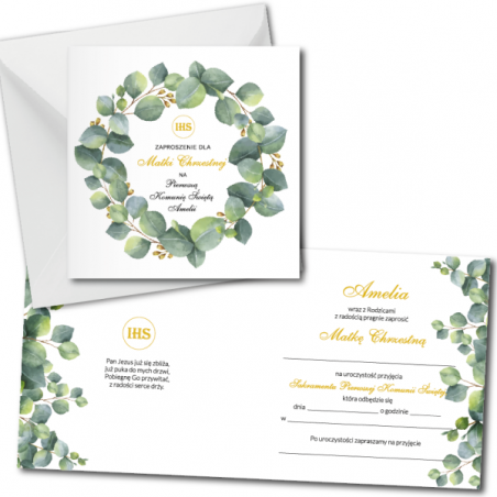 Zaproszenie na KOMUNIĘ ŚWIĘTĄ dla MATKI CHRZESTNEJ + IMIĘ dziecka - eukaliptus 3 PERSONALIZOWANE