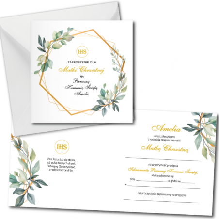 Zaproszenie na KOMUNIĘ ŚWIĘTĄ dla MATKI CHRZESTNEJ + IMIĘ dziecka - heksagon PERSONALIZOWANE