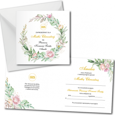 Zaproszenie na KOMUNIĘ ŚWIĘTĄ dla MATKI CHRZESTNEJ + IMIĘ dziecka - piwonia wianek PERSONALIZOWANE
