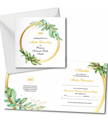 Zaproszenie na KOMUNIĘ ŚWIĘTĄ dla MATKI CHRZESTNEJ + IMIĘ dziecka - liście na kole PERSONALIZOWANE