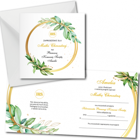 Zaproszenie na KOMUNIĘ ŚWIĘTĄ dla MATKI CHRZESTNEJ + IMIĘ dziecka - liście na kole PERSONALIZOWANE