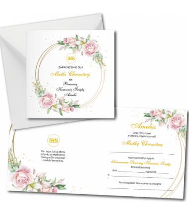 Zaproszenie na KOMUNIĘ ŚWIĘTĄ dla MATKI CHRZESTNEJ + IMIĘ dziecka - róża na kole PERSONALIZOWANE