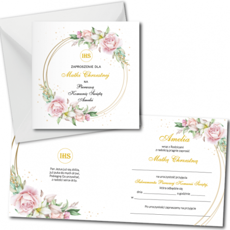 Zaproszenie na KOMUNIĘ ŚWIĘTĄ dla MATKI CHRZESTNEJ + IMIĘ dziecka - róża na kole PERSONALIZOWANE