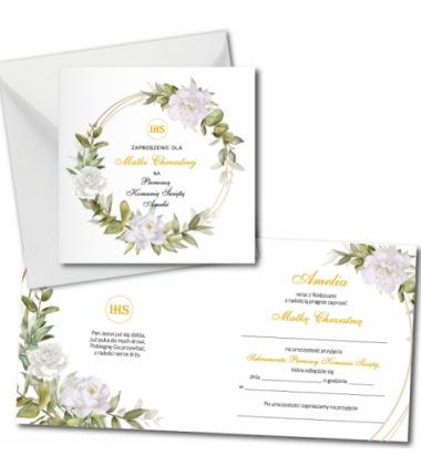 Zaproszenie na KOMUNIĘ ŚWIĘTĄ dla MATKI CHRZESTNEJ + IMIĘ dziecka - białe piwonie PERSONALIZOWANE