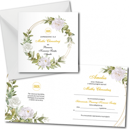 Zaproszenie na KOMUNIĘ ŚWIĘTĄ dla MATKI CHRZESTNEJ + IMIĘ dziecka - białe piwonie PERSONALIZOWANE