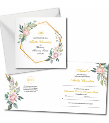 Zaproszenie na KOMUNIĘ ŚWIĘTĄ dla MATKI CHRZESTNEJ + IMIĘ dziecka - heksagon i róża PERSONALIZOWANE