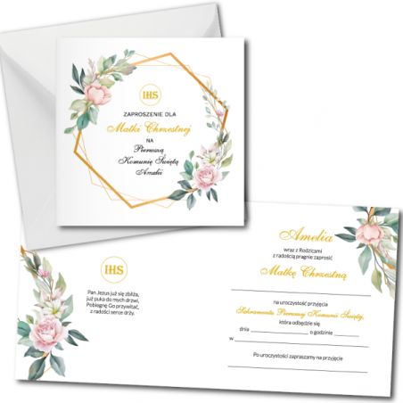 Zaproszenie na KOMUNIĘ ŚWIĘTĄ dla MATKI CHRZESTNEJ + IMIĘ dziecka - heksagon i róża PERSONALIZOWANE