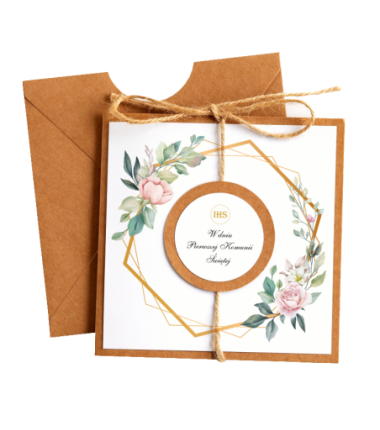 Kartka Okolicznościowa na Komunię - Eco Vintage - Heksagon i Róża