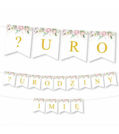 Girlanda NA URODZINY 1,2,3,4,5,6,7,8,9 + IMIĘ - Liście i Róże