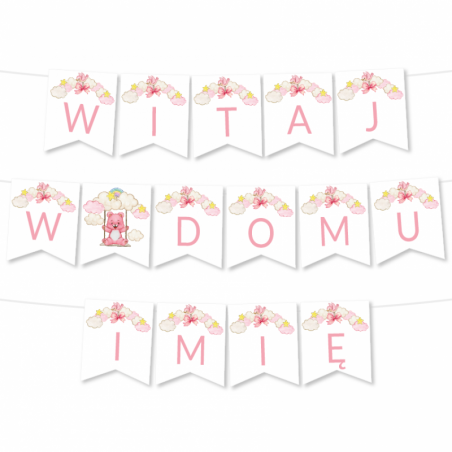 Girlanda Witaj w Domu Imię - Proste Litery Chmurki Różowe