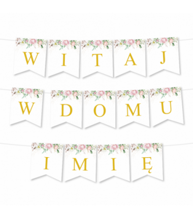 Girlanda Witaj w Domu Imię - Proste Litery Liście i Róże