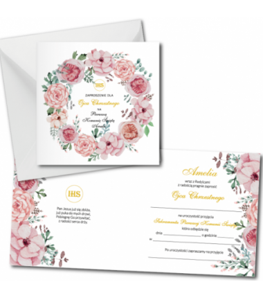 Zaproszenie na KOMUNIĘ ŚWIĘTĄ dla OJCA CHRZESTNEGO + IMIĘ dziecka - kwiaty różowe PERSONALIZOWANE