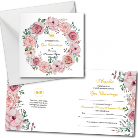 Zaproszenie na KOMUNIĘ ŚWIĘTĄ dla OJCA CHRZESTNEGO + IMIĘ dziecka - kwiaty różowe PERSONALIZOWANE