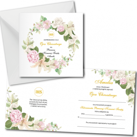 Zaproszenie na KOMUNIĘ ŚWIĘTĄ dla OJCA CHRZESTNEGO + IMIĘ dziecka - letnie PERSONALIZOWANE