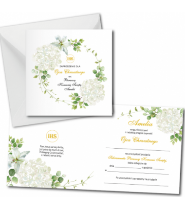 Zaproszenie na KOMUNIĘ ŚWIĘTĄ dla OJCA CHRZESTNEGO + IMIĘ dziecka - biała hortensja PERSONALIZOWANE