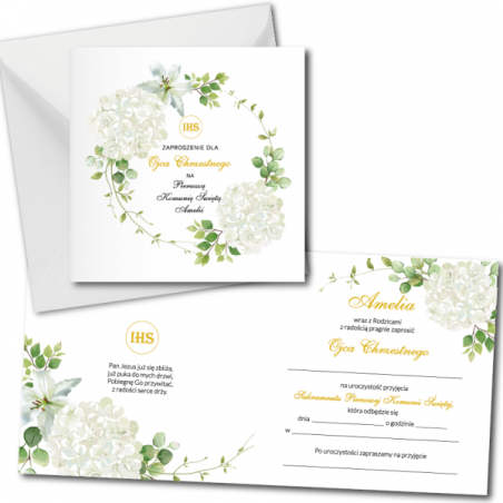 Zaproszenie na KOMUNIĘ ŚWIĘTĄ dla OJCA CHRZESTNEGO + IMIĘ dziecka - biała hortensja PERSONALIZOWANE