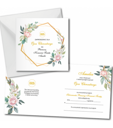 Zaproszenie na KOMUNIĘ ŚWIĘTĄ dla OJCA CHRZESTNEGO + IMIĘ dziecka - heksagon i róża PERSONALIZOWANE