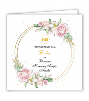 Zaproszenie na KOMUNIĘ ŚWIĘTĄ dla BABCI - Róża na Kole PERSONALIZOWANE - 1 sztuka