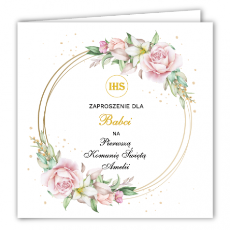 Zaproszenie na KOMUNIĘ ŚWIĘTĄ dla BABCI - Róża na Kole PERSONALIZOWANE - 1 sztuka