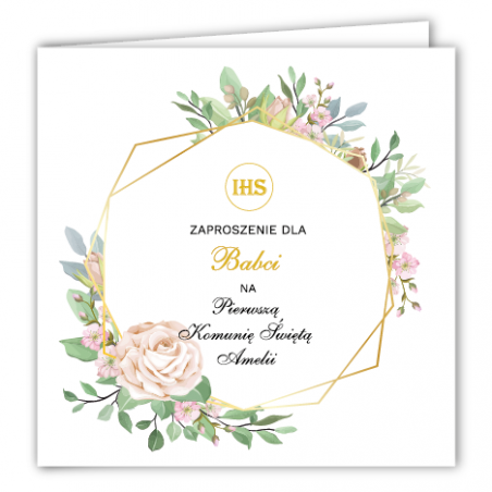 Zaproszenie na KOMUNIĘ ŚWIĘTĄ dla BABCI - Geometryczna Róża PERSONALIZOWANE - 1 sztuka