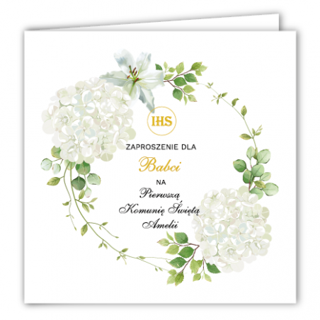 Zaproszenie na KOMUNIĘ ŚWIĘTĄ dla BABCI - Biała Hortensja PERSONALIZOWANE - 1 sztuka