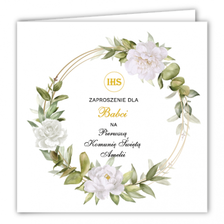 Zaproszenie na KOMUNIĘ ŚWIĘTĄ dla BABCI - Biała Piwonia PERSONALIZOWANE - 1 sztuka