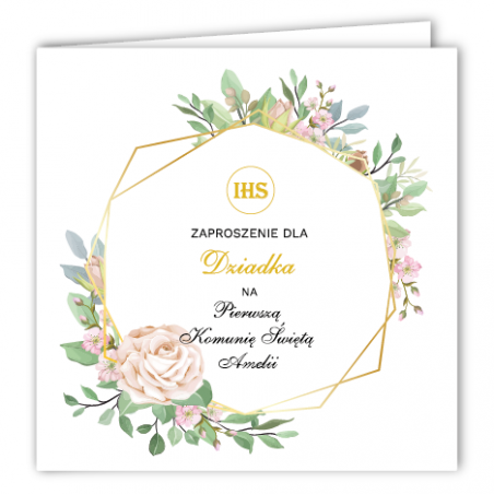 Zaproszenie na KOMUNIĘ ŚWIĘTĄ dla DZIADKA - Geometryczna Róża PERSONALIZOWANE - 1 sztuka