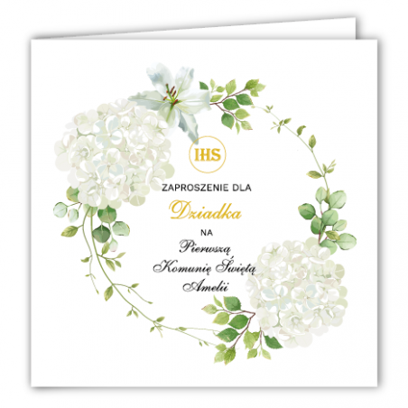 Zaproszenie na KOMUNIĘ ŚWIĘTĄ dla DZIADKA - Biała Hortensja PERSONALIZOWANE - 1 sztuka