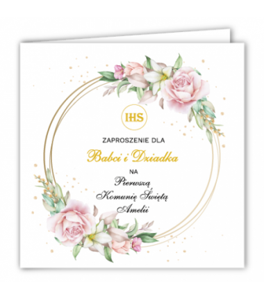Zaproszenie na KOMUNIĘ ŚWIĘTĄ dla BABCI I DZIADKA - Róża na Kole PERSONALIZOWANE - 1 sztuka