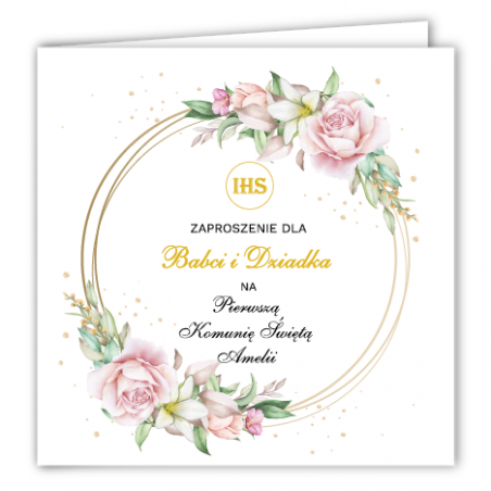 Zaproszenie na KOMUNIĘ ŚWIĘTĄ dla BABCI I DZIADKA - Róża na Kole PERSONALIZOWANE - 1 sztuka