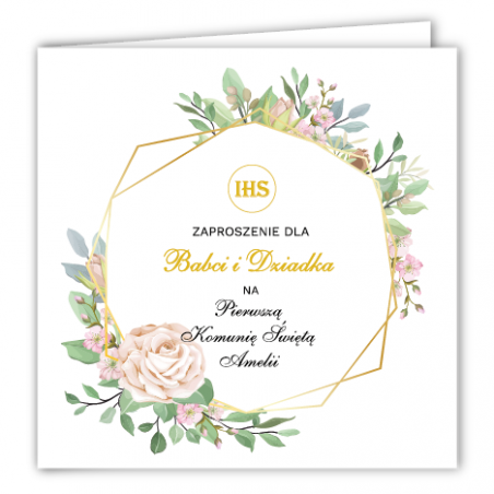 Zaproszenie na KOMUNIĘ ŚWIĘTĄ dla BABCI I DZIADKA - Geometryczna Róża PERSONALIZOWANE - 1 sztuka