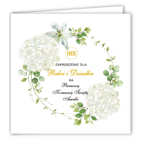 Zaproszenie na KOMUNIĘ ŚWIĘTĄ dla BABCI I DZIADKA - Biała Hortensja PERSONALIZOWANE - 1 sztuka