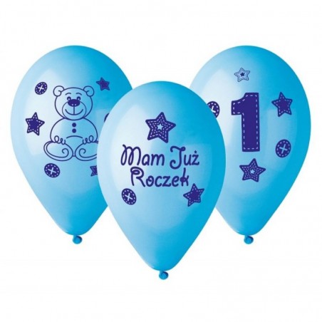 BALONY NADRUK 30 cm "Moje 1 urodziny" (niebieski) - 5 sztuk