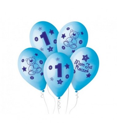 BALONY NADRUK 30 cm "Moje 1 urodziny" (niebieski) - 5 sztuk