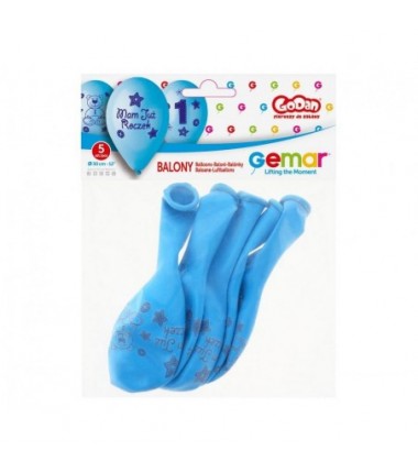 BALONY NADRUK 30 cm "Moje 1 urodziny" (niebieski) - 5 sztuk