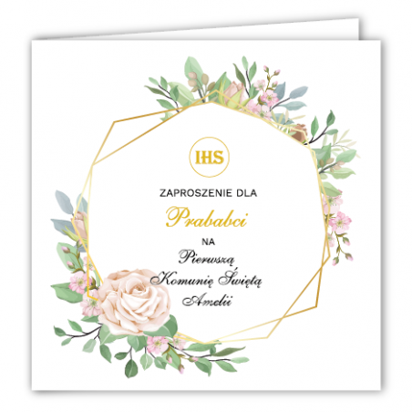 Zaproszenie na KOMUNIĘ ŚWIĘTĄ dla PRABABCI - Geometryczna Róża PERSONALIZOWANE - 1 sztuka