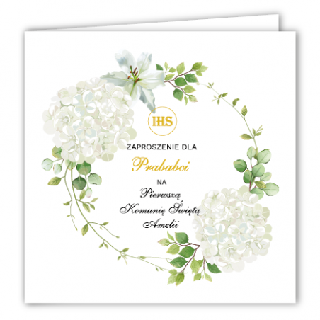 Zaproszenie na KOMUNIĘ ŚWIĘTĄ dla PRABABCI - Biała Hortensja PERSONALIZOWANE - 1 sztuka