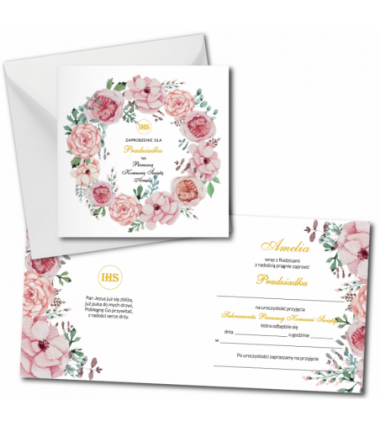 Zaproszenie na KOMUNIĘ ŚWIĘTĄ dla PRADZIADKA - Kwiaty Różowe PERSONALIZOWANE - 1 sztuka